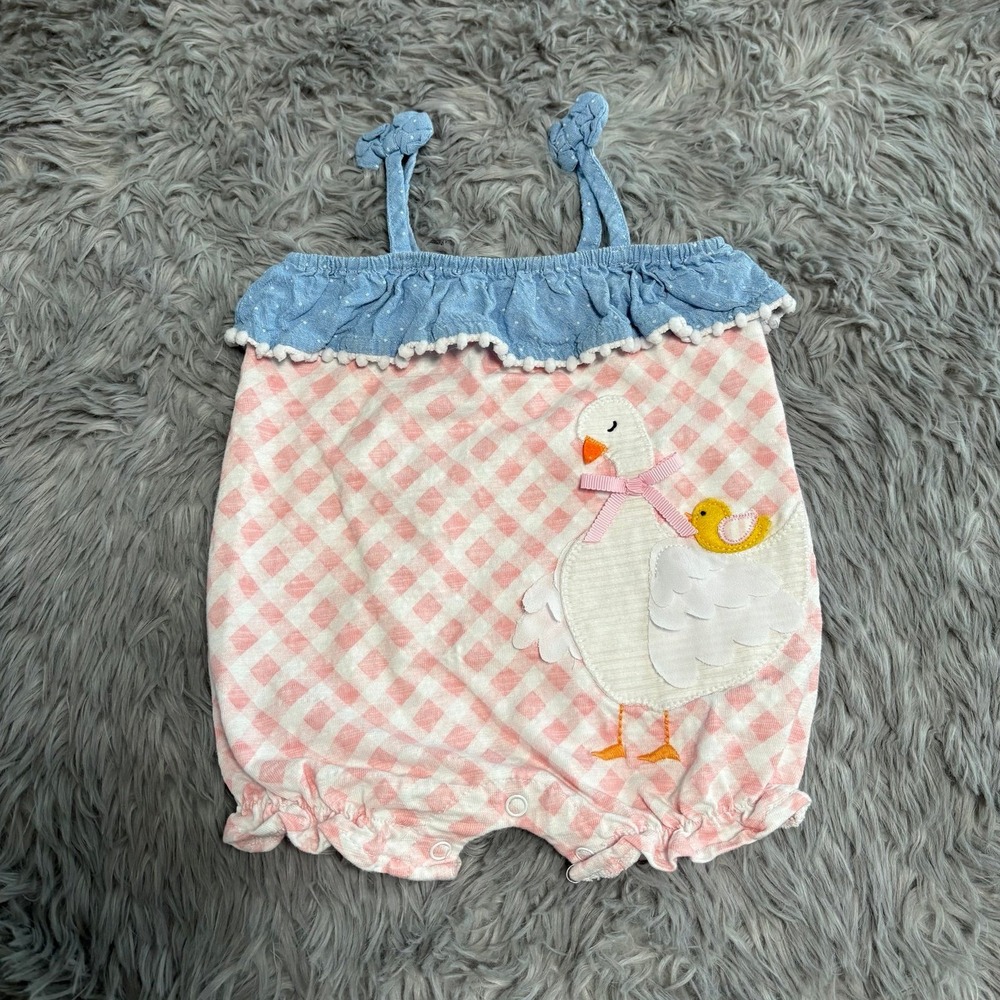 Mudpie Pink Gingham Goose Tank Romper Baby Girl 3-6 Months Summer